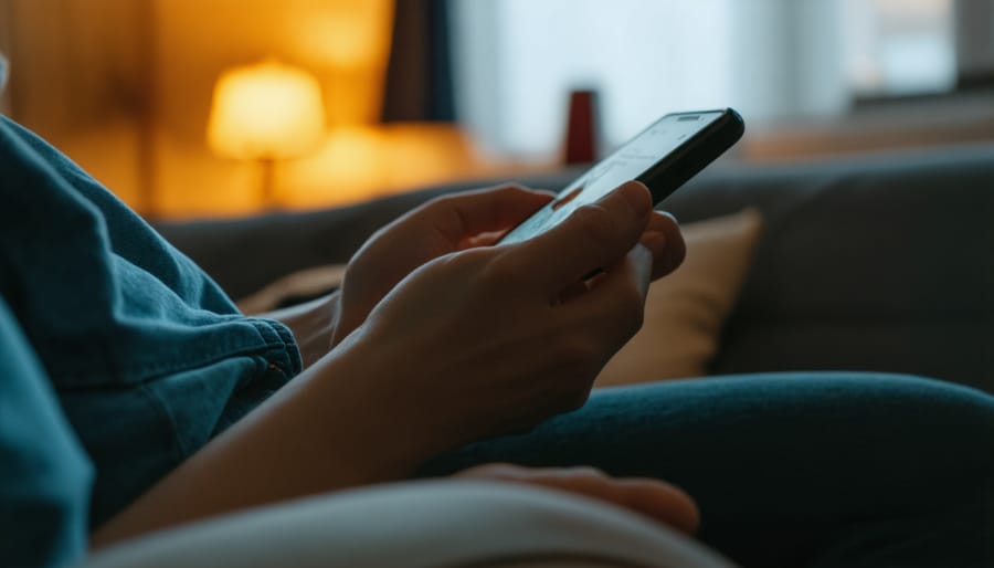 Person using smartphone in dimly lit room at night with peaceful expression