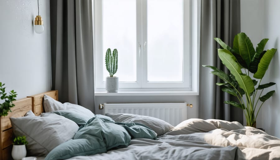 Peaceful bedroom environment with blackout curtains, ideal temperature display, and clean, uncluttered space