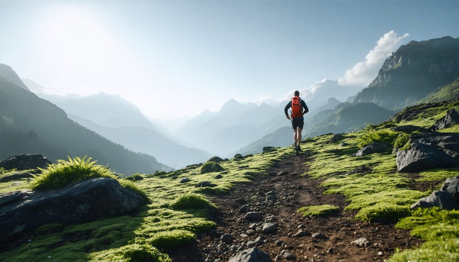 Woman running on natural forest trail with uneven terrain in dappled sunlight