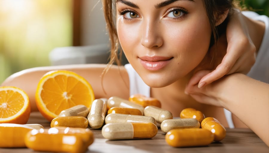 Close-up of vitamin supplement capsule held in hand