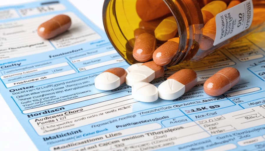Woman reading medication bottle label at home with pill organizer on table