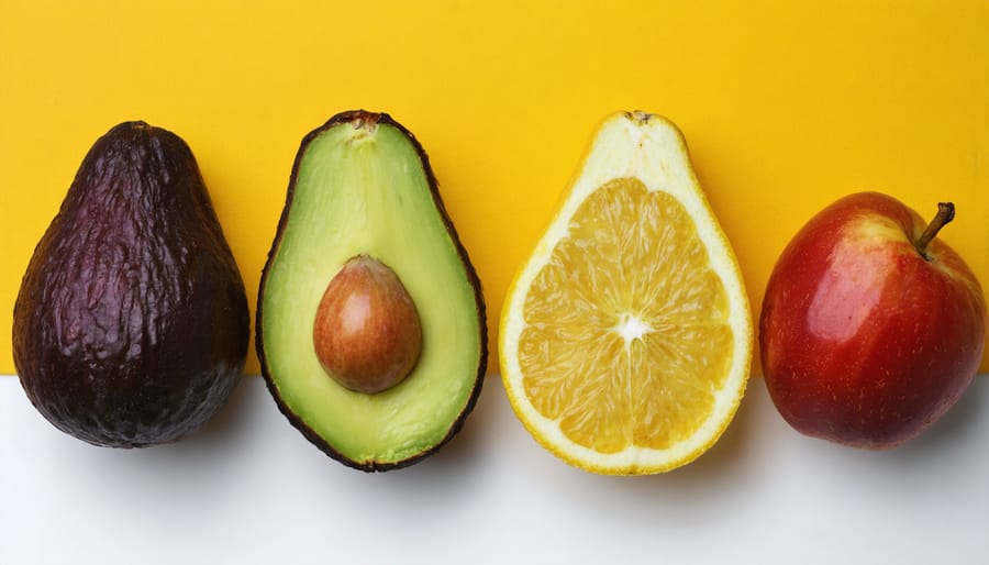 Healthy whole foods arranged on marble counter including vegetables, nuts, and fish