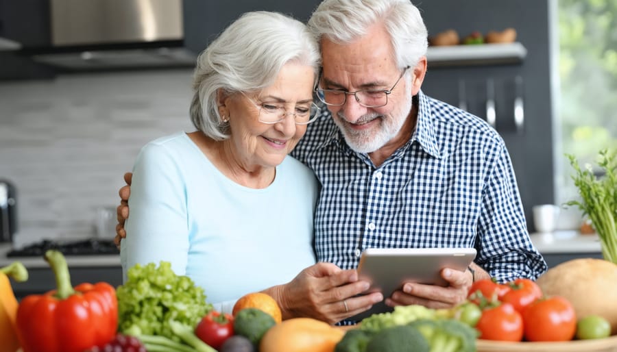 Elderly couple engaging in cognitive exercises and healthy eating habits