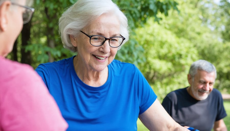 Two senior friends walking and laughing together in park setting