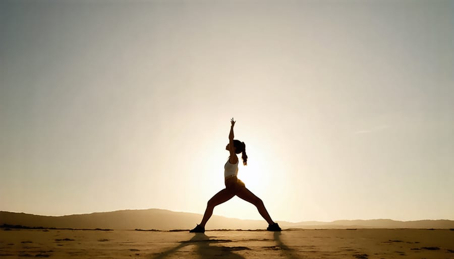 Person doing a simple gentle stretch beside bed in natural morning light