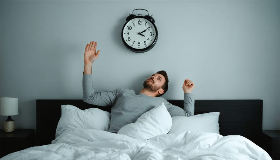 Restless man struggling to sleep at night with digital clock displaying 3:00 AM