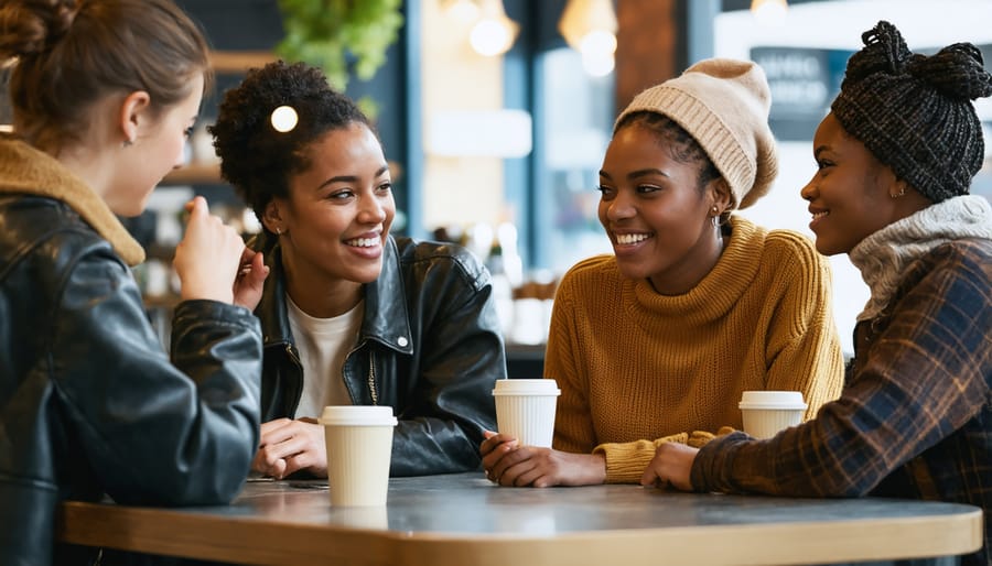 Diverse group of friends sharing conversation and laughter at a local café