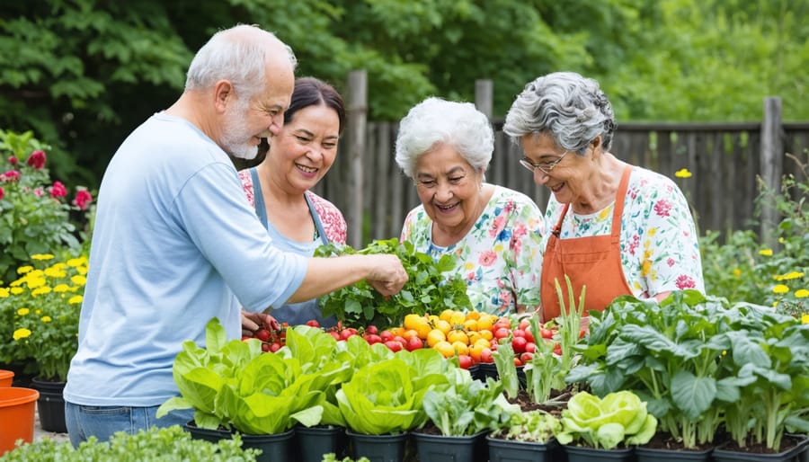 Multi-generational community members working together in a shared garden space