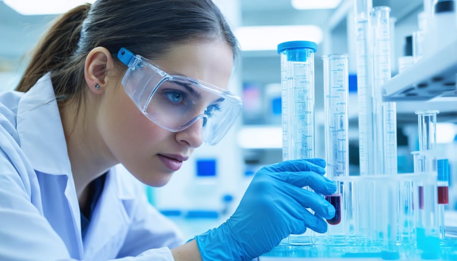 Scientist in lab coat examining stem cell samples in a research facility