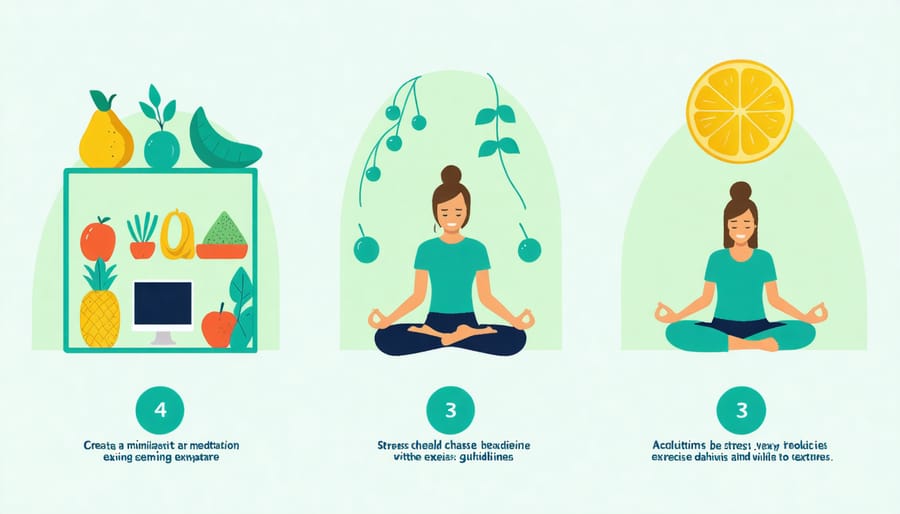 Visual guide depicting various stress management techniques and lifestyle changes