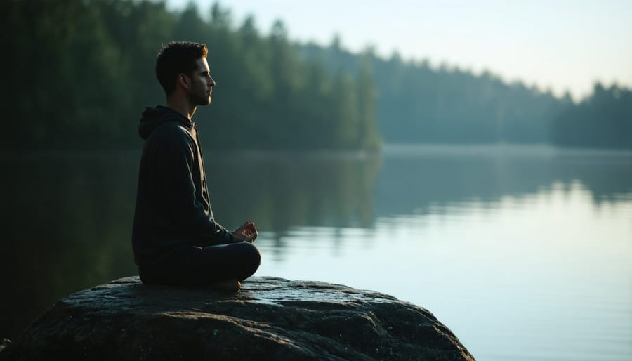 Person meditating peacefully in natural outdoor setting