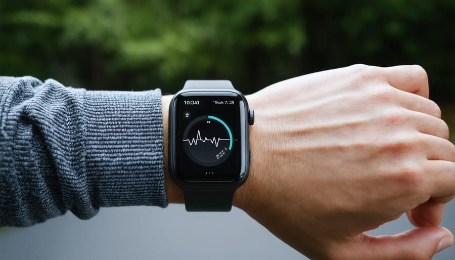 Close-up view of fitness tracker on person's wrist in workplace setting