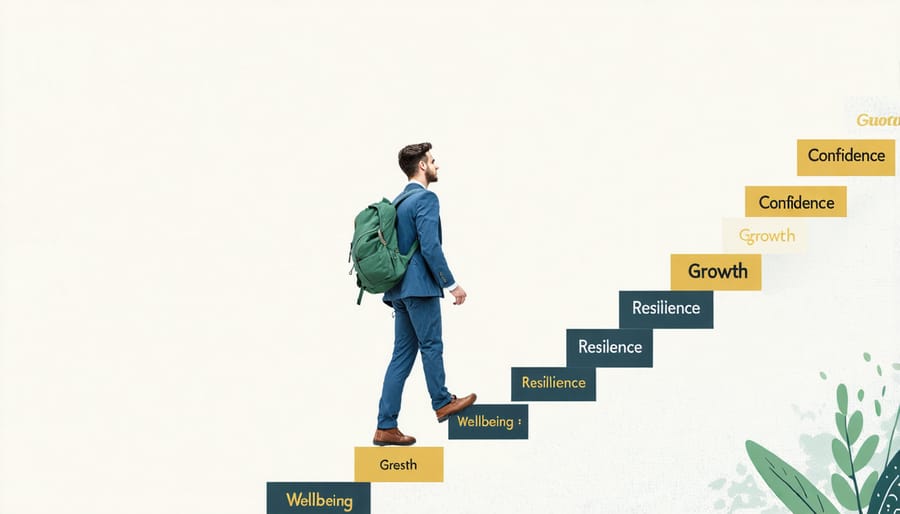 Person ascending stairs with therapeutic growth milestones marked on each step