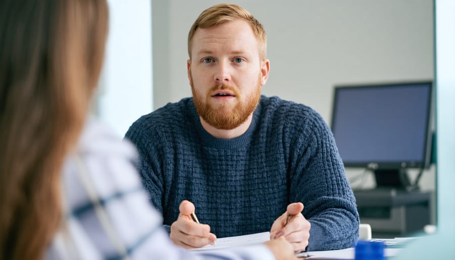 VA counselor and veteran having a therapeutic conversation in a comfortable office environment