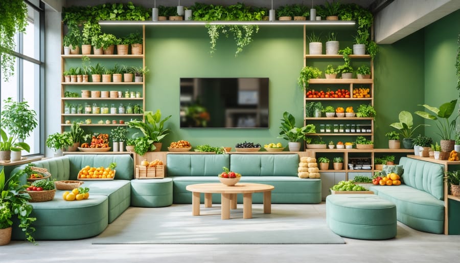 Wellness-focused office break room with healthy snacks, relaxation area, and fitness corner