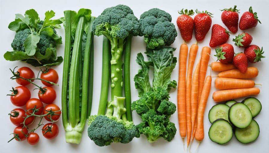 Fresh whole foods including vegetables, fruits, nuts, and grains arranged on wooden surface