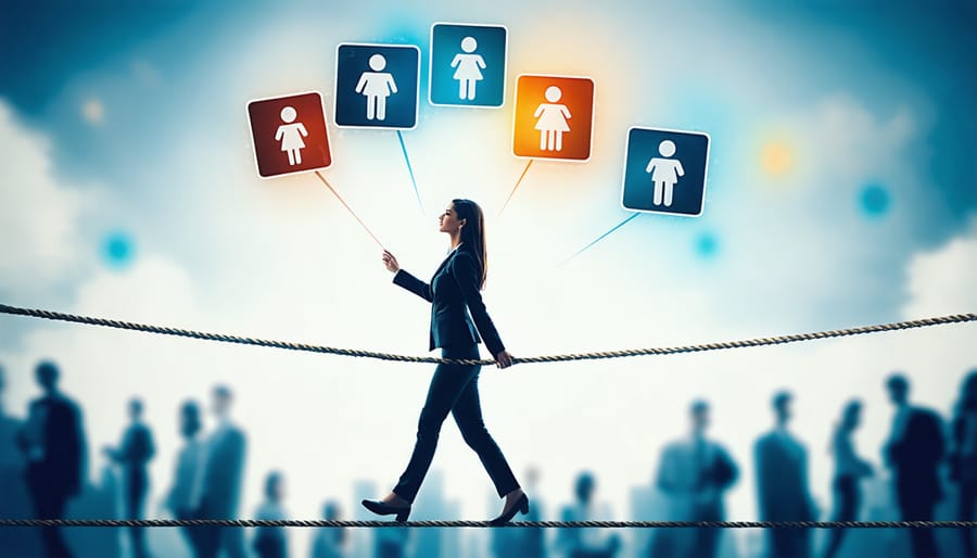 Illustration of a businesswoman balancing work and life responsibilities on a tightrope