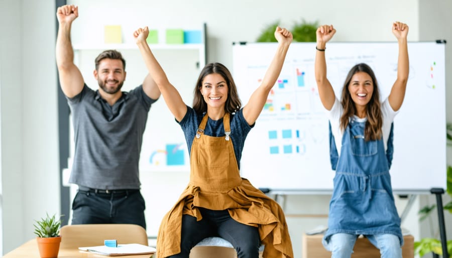 Group of diverse office workers doing stretching exercises together in modern office space