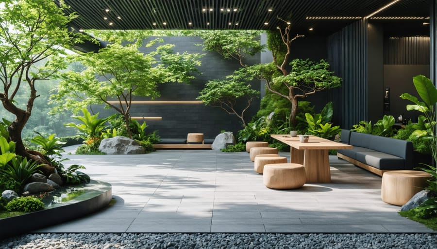 Peaceful corporate meditation garden with natural elements and seating areas