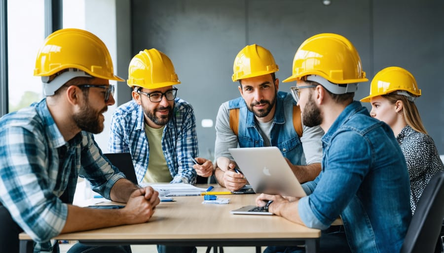 Diverse group of workers in safety gear participating in a workplace safety meeting