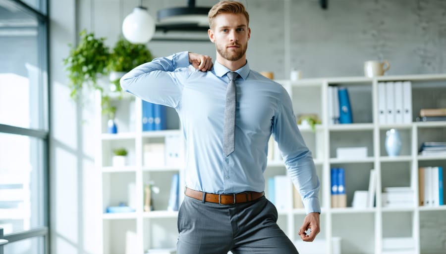 Warehouse worker performing stretching exercises in industrial setting