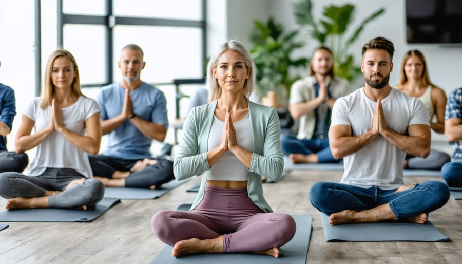 Office workers practicing yoga together in a bright workspace during their lunch break