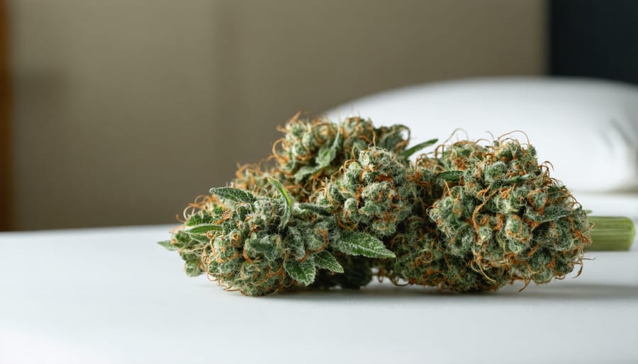 Close-up macro view of cannabis trichomes and resin glands on flower buds