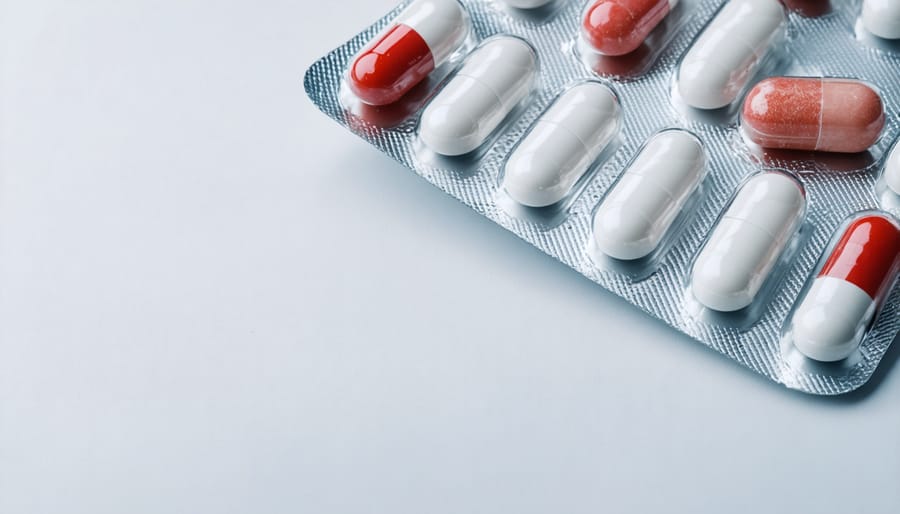 Man's hands organizing prescription medications with blood pressure monitor on table