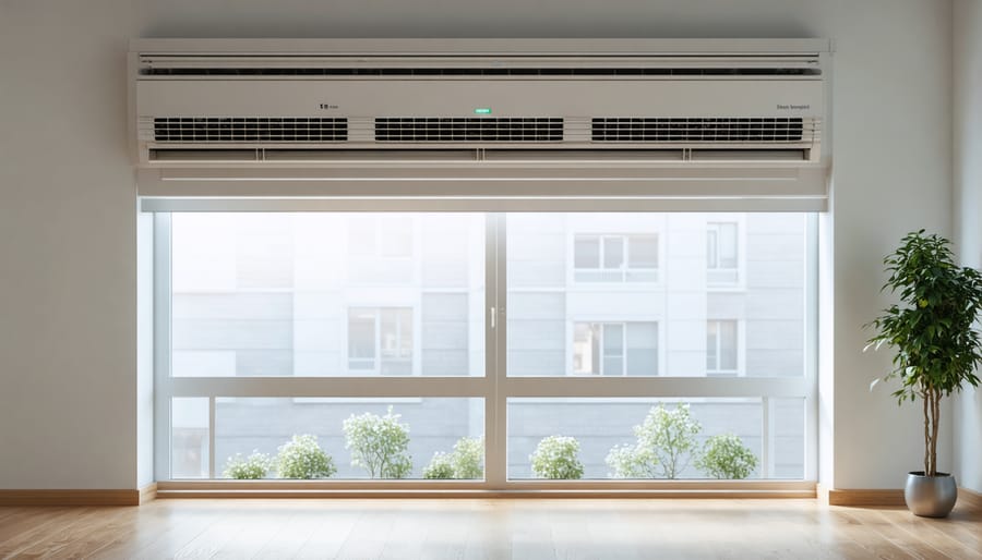 Modern ceiling-mounted HVAC ventilation grille with natural light showing air circulation