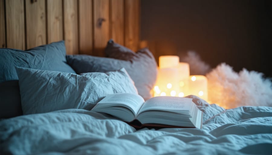Open blank journal with pencil on wooden bedside table in morning light