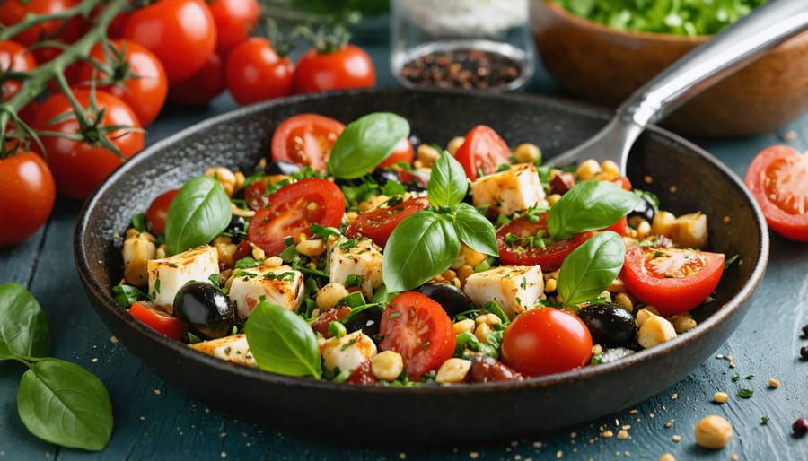 Overhead view of heart-healthy Mediterranean meal with salmon, vegetables, and whole grains
