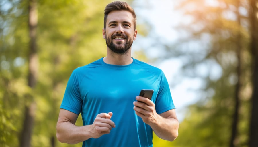 Middle-aged man checking fitness watch while exercising outdoors in park