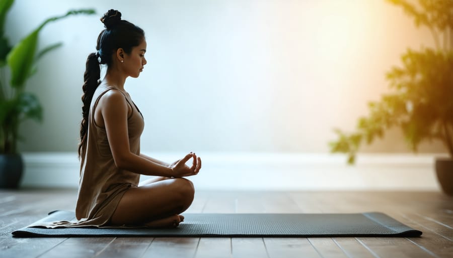 Middle-aged man practicing meditation and breathing exercises at home