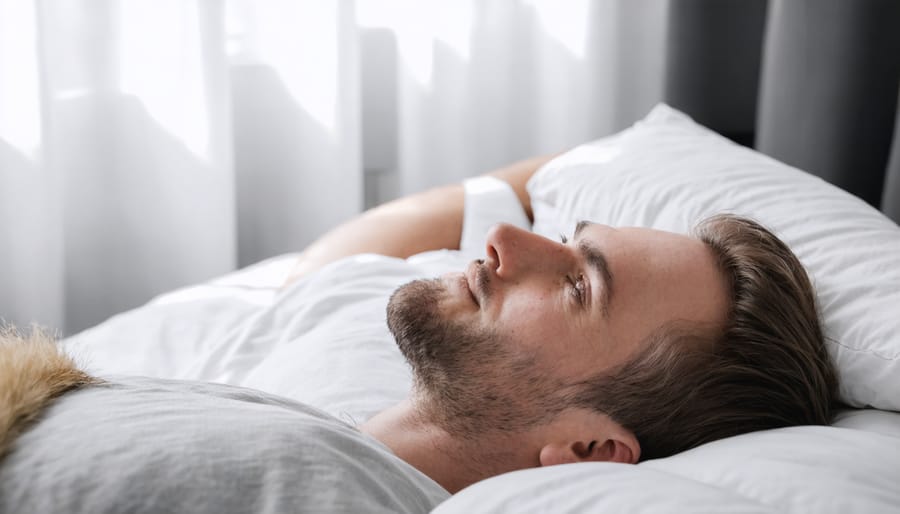 Clean, calming bedroom with optimal sleep environment including comfortable bedding and appropriate lighting