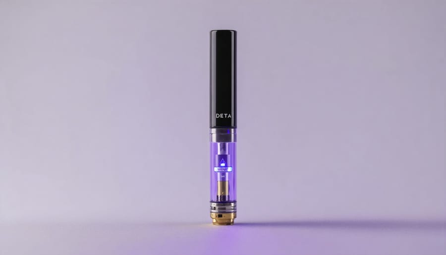Delta-9 THC vape cartridge on bedside table in calming bedroom setting