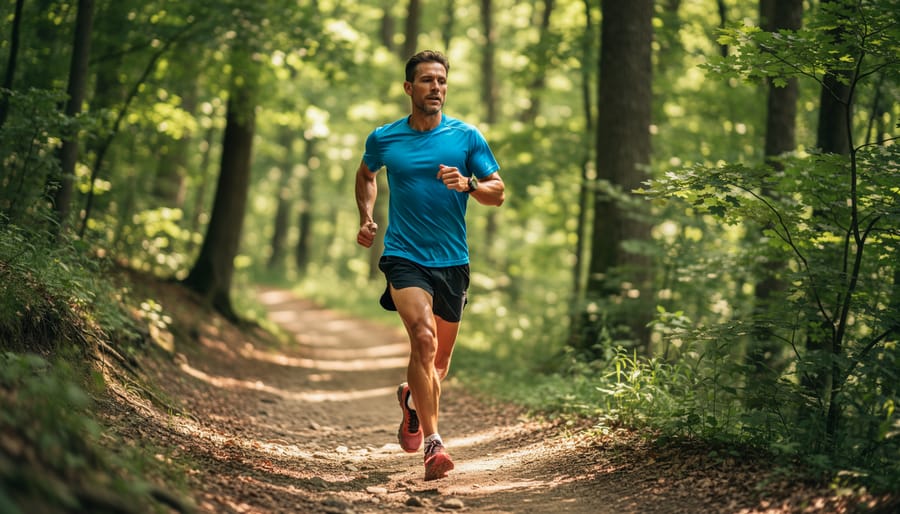 Woman running on forest trail during early morning with sunlight through trees