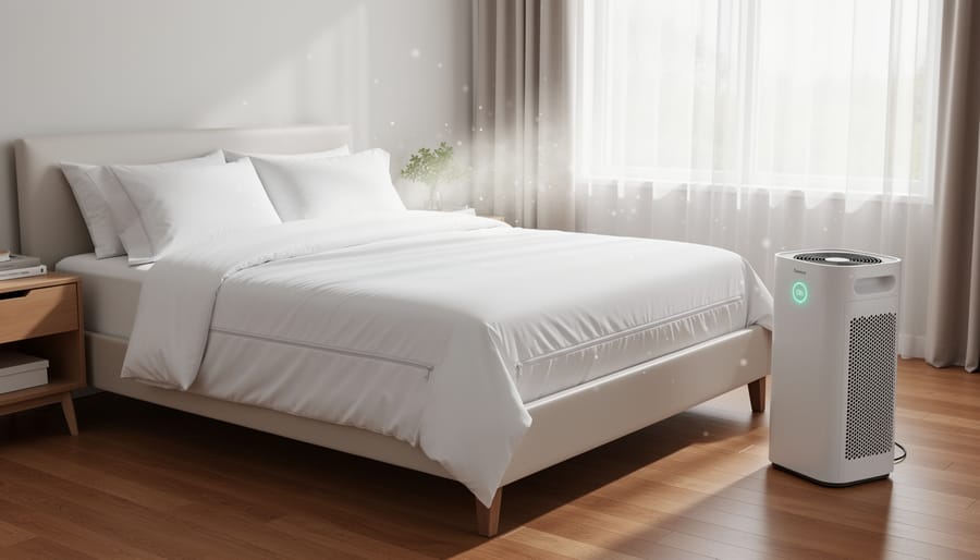 Person installing allergen-proof mattress cover with air purifier on nightstand in clean bedroom