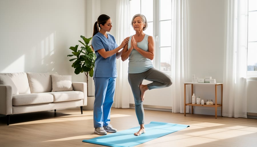 Close-up of person's feet demonstrating balance in yoga tree pose on outdoor wooden deck