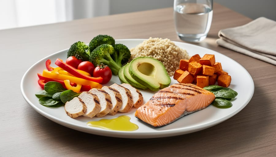 Overhead view of balanced healthy meal with salmon, quinoa, vegetables, and fresh produce