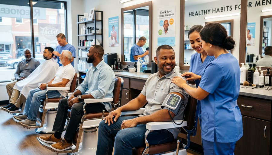 Barber taking blood pressure reading of client in barbershop chair