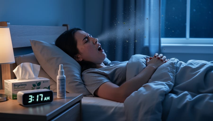 Woman in bed experiencing nasal congestion and sleep discomfort from bedroom allergens