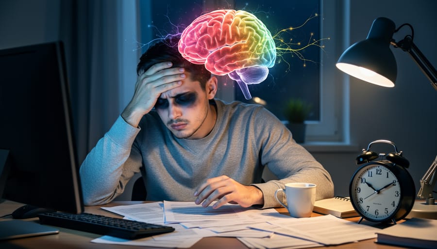Illuminated brain model showing neural structures affected by sleep deprivation