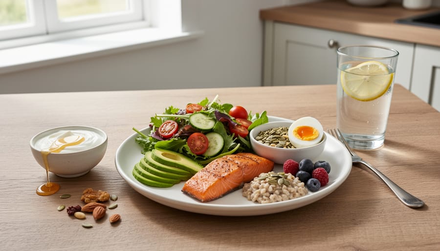 Colorful array of fresh vegetables and fruits for breaking a fast safely