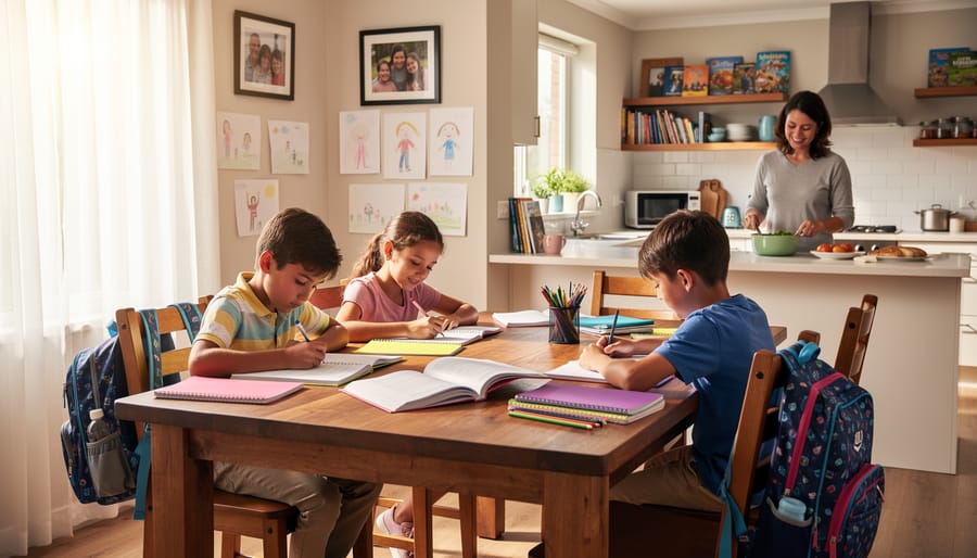 Child doing homework with parent's support in stable home environment