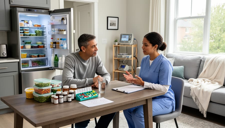 Hands organizing prescription medications in home kitchen with healthy food nearby