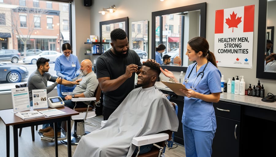 Diverse group of men standing together in barbershop setting