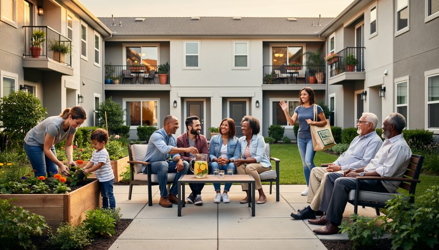 Diverse neighbors interacting in supportive housing community courtyard with gardens