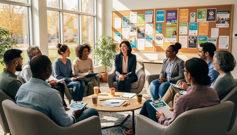 Group meeting in community center discussing housing resources and support