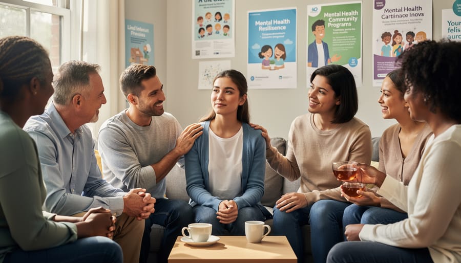 Diverse group of hands joined together in supportive circle with Canadian winter landscape