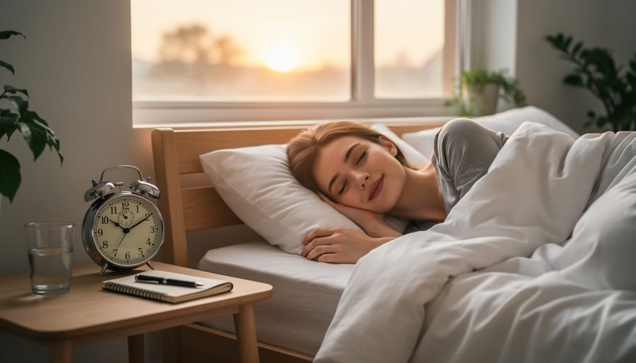 Bedside alarm clock on wooden table with morning sunlight in bedroom